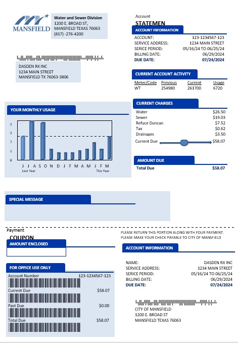 USA Mansfield Texas business utility bill template in Word and PDF formats